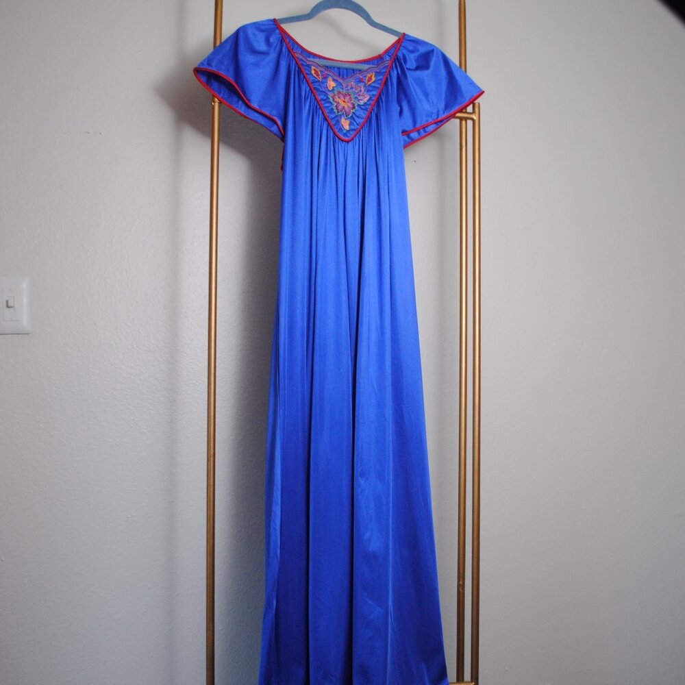 Vintage Deep Blue Nightgown with Neckline Embroidery Detail